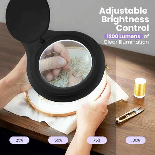 Vista 7 de Neatfi Lámpara de aumento bifocal LED de 1,200 lúmenes, lente de vidrio de 5 pulgadas, aumento doble 2.25X/6X, regulable, brazo ajustable con Negro