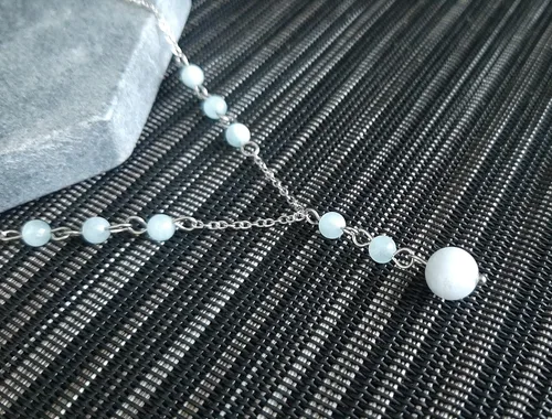 Vista 6 de Natural Crystal Bead Aquamarine Stone Y Shaped Lariat Necklace Non-Tarnish Steel Chain