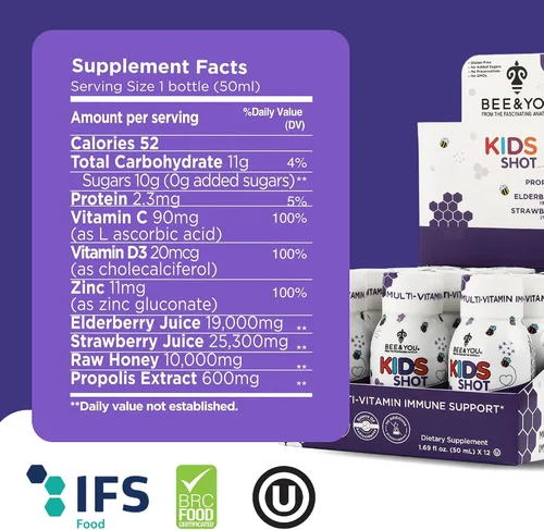 Vista 6 de Suplemento de apoyo inmunológico para niños BEE and You, propóleos 100% natural, vitamina C, saúco, miel cruda, antioxidantes, alternativa a