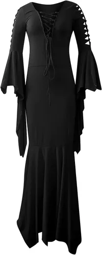 Vista 2 de BADHUB Vestido de Halloween para mujer vestido de cosplay de bruja morticia con cordones cuello en V manga de murciélago vestido ajustado hasta