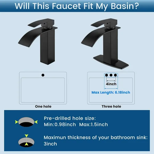 Vista 4 de Airuida Grifo de baño de cascada negro mate, grifo de lavabo de baño de un solo agujero, grifo de lavabo de lavabo de autocaravana, grifo mezclador
