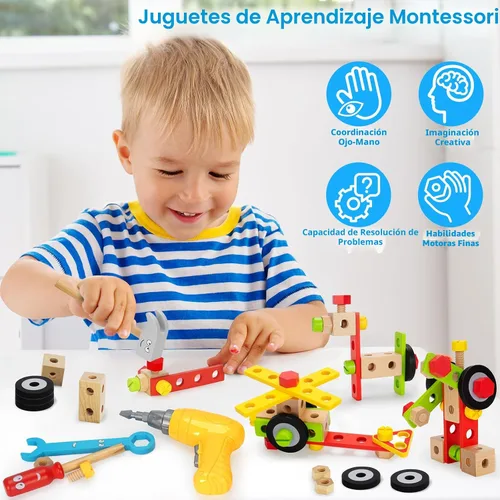 Vista 6 de Set de herramientas para niños con taladro eléctrico, set de 46 piezas de herramientas de madera para jugar para niños pequeños con caja