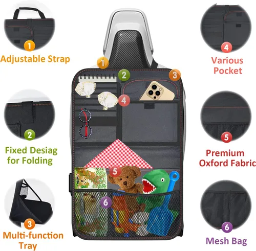 Vista 3 de Organizador de asiento trasero de automóvil de tela Oxford con bandeja plegable para usar como mesa infantil y bolsa de viaje para guardar artículos