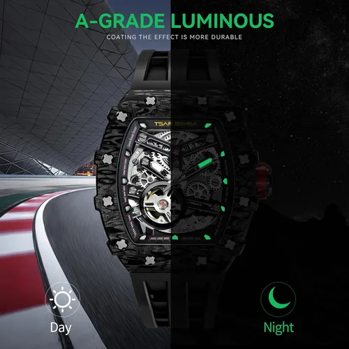 Vista 4 de TSAR BOMBA Reloj para hombre, reloj automático impermeable de 164.0 ft, esqueleto mecánico Tonneau con esfera de cara grande, reloj negro