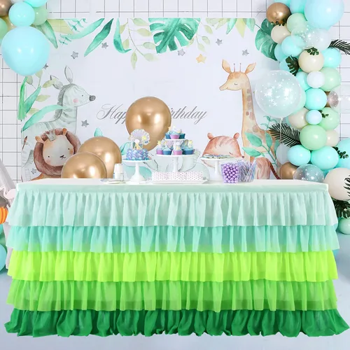 Vista 2 de Mantel verde hierba, falda de mesa tutú hawaiana para mesa rectangular de 6 pies, fiesta tropical hawaiana, baby shower, fiesta de cumpleaños