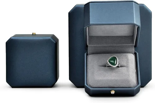 Vista 2 de Caja de regalo de anillo de joyería de presentación Caja de anillo de cuero PU azul premium para compromiso de propuesta