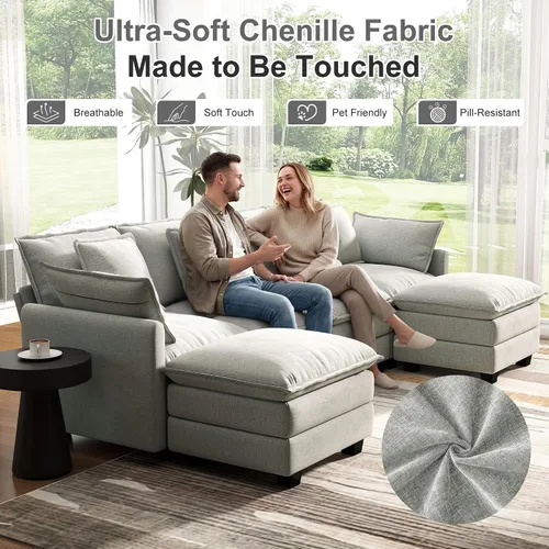 Vista 5 de Seccional Cloud Couch de 107", Sofá Seccional Modular en Forma de U, Sofá de Asiento Profundo de 4 Asientos con 6 Almohadas Extraíbles Lavables y 2