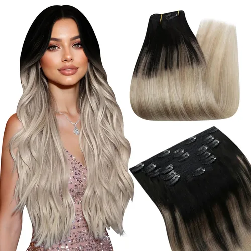 Vista 17 de Ugeat Extensiones de cabello humano con clip de 12 pulgadas, extensiones de cabello balayage con clip, marrón chocolate ombre, extensiones