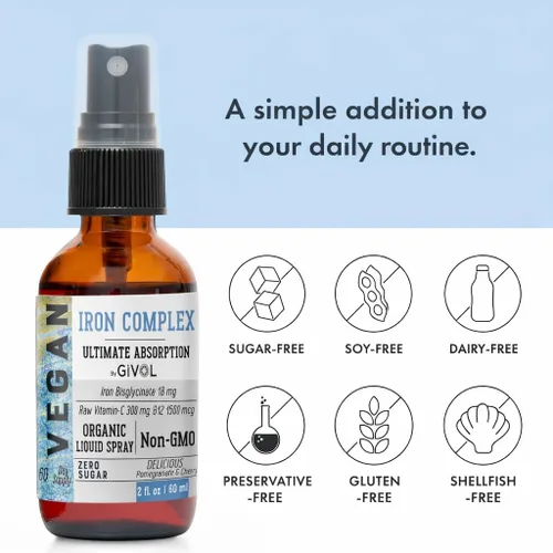 Vista 4 de Suplemento de hierro – Complejo de bisglicinato de 18 mg con vitamina C y B12, aerosol líquido, fácil absorción, sin OMG, sin azúcar, 2 onzas
