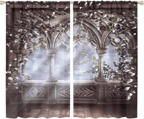 Vista 25 de Cortinas góticas con diseño de luna de Halloween, historia, puerta espeluznante, fondo de terror, vela, ficción, patrón de impresión, sala de estar