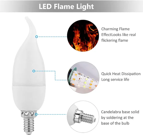 Vista 3 de Lpraer Paquete de 6 bombillas LED E12 con efecto de llama, 3 modos de luz parpadeante con punta de llama para candelabro, bombillas de araña blancas