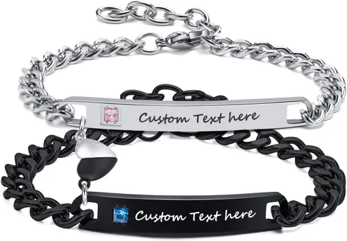 Vista 13 de MEALGUET Pulseras a juego para parejas para hombres y mujeres: juego de pulseras de cadena de eslabones cubanos de acero inoxidable para novio