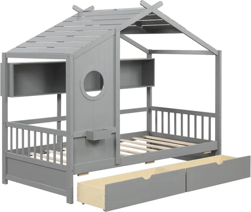 Vista 7 de KOMFOTT Cama de madera de tamaño individual con 2 cajones, marco de cama de madera con almacenamiento en cubos y rieles de valla, plataforma de Gris