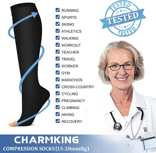 Vista 5 de CHARMKING 3 pares de calcetines de compresión de punta abierta para mujeres y hombres, circulación de 15-20 mmHg es el mejor apoyo para uso durante