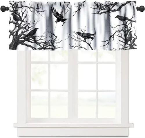 Vista 13 de Cortina de cenefa para fiesta de Halloween, diseño de dibujos animados, lindo fantasma, castillo sombrío, calabaza, murciélago, bolsillo para barra