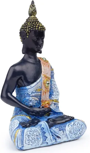 Vista 5 de Escultura meditadora de Buda Polystone, estatuas de Buda pintadas a mano, estatuas de Buda para el hogar, decoración de meditación, decoración Azul