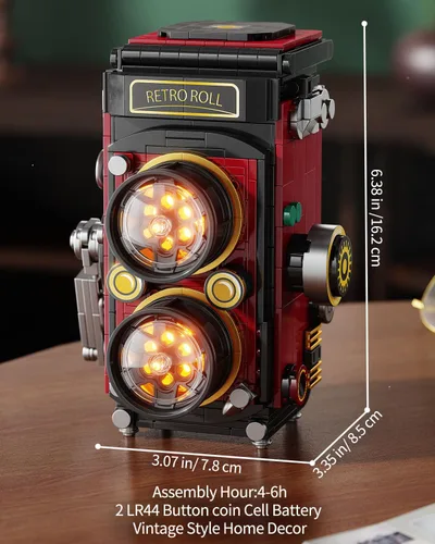 Vista 6 de TYCOLE Juegos de bloques de construcción de cámara retro con luces, juguetes de construcción de cámara DIY con diseño reflejo de doble lente