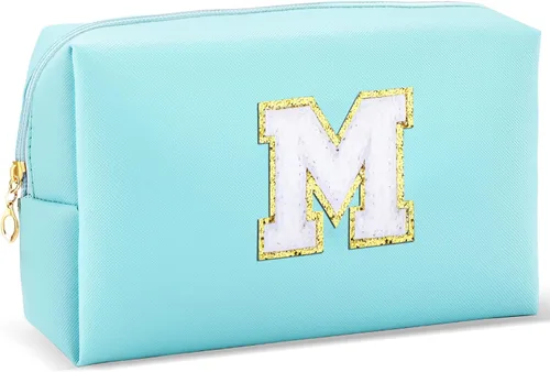 Vista 12 de URSKYTOUS Regalos para niñas, bolsa de maquillaje con inicial, bolsa de cosméticos personalizada con cremallera, bonita bolsa de aseo de viaje, Azul