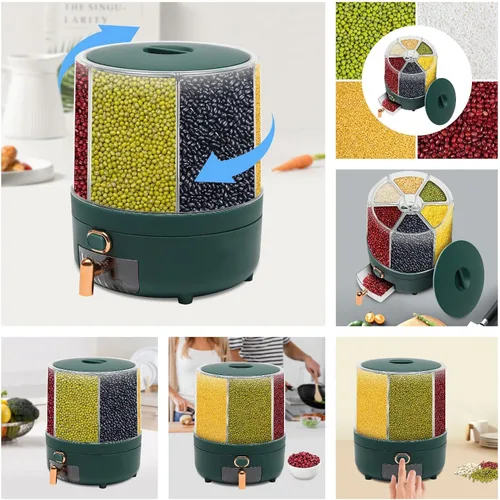 Vista 7 de Dispensador de cereales, Dispensador de grano giratorio de 360° de 6 rejillas, Dispensador de arroz transparente sellado 6 en 1, Contenedor de verde