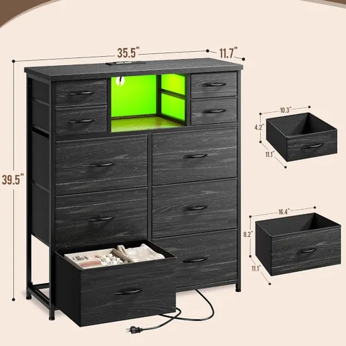 Vista 3 de Romorgniz - Cómoda para dormitorio con 10 cajones con luz LED y toma de corriente, cómodas de tela y cómoda con estantes abiertos para pasillo, sala