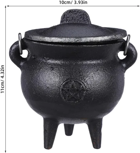 Vista 4 de DOITOOL Caldero de hierro fundido con tapa y asa, caldero de bruja de Halloween, olla de bruja negra para manchar, quemar incienso, decoración