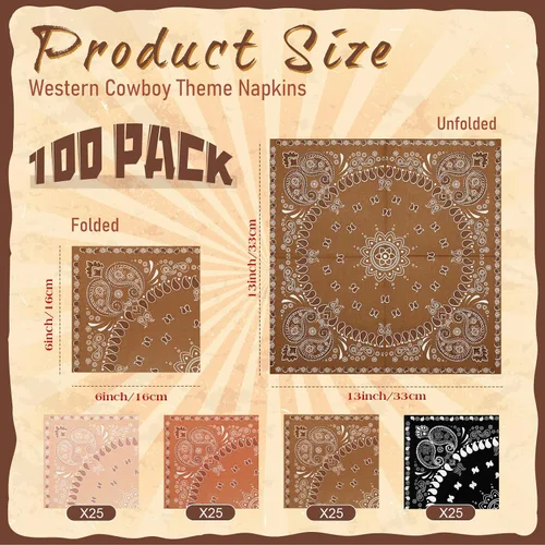 Vista 2 de Teling Servilletas tipo bandana de 2 capas desechables con estampado de cachemira a granel para fiesta temática de vaquero occidental