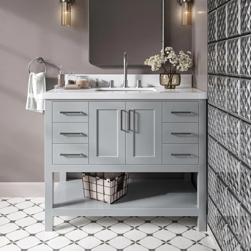 Vista 22 de DKB Isabella - Mueble de baño negro de 42 pulgadas con fregadero, lavabo rectangular, encimera de cuarzo blanco puro y protector contra salpicaduras