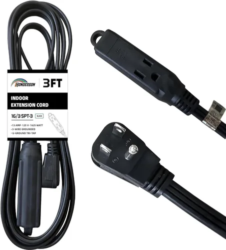 Vista 13 de Cable de extensión de enchufe plano de 3 tomas, certificado UL, cable de extensión para interiores de 16 calibre 1 pie negro de 3 puntas, tira