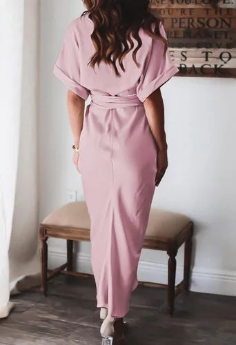 Vista 7 de Linsery - Vestido largo camisero de manga corta con botones y cinturón para mujer elegante de satén