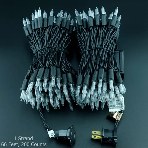 Vista 7 de YULETIME Juego de 200 luces LED de Navidad de color blanco cálido con cable negro, paquete de 2 hebras de 33 pies, 100 luces con certificación UL