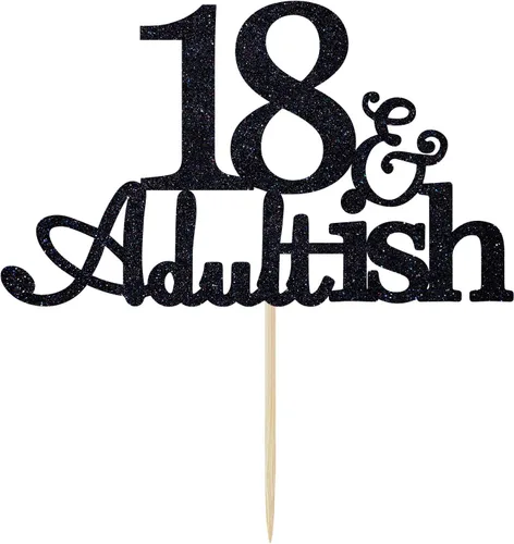 Vista 6 de Decoración para pastel de 18 años con purpurina negra y Adultish para fiesta de cumpleaños de dieciocho años, decoraciones de pastel de tiempo