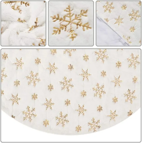 Vista 8 de Sattiyrch - Falda de árbol de Navidad con lentejuelas de 48 pulgadas, blanca suave y gruesa con decoraciones de copos de nieve dorados para árbol