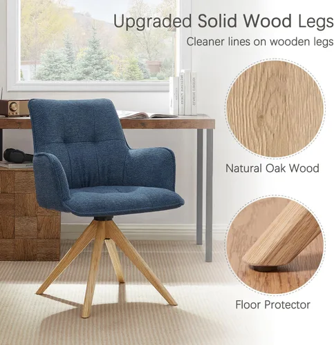 Vista 5 de Zouron Silla de escritorio giratoria sin ruedas, silla de oficina tapizada con patas de madera de roble, sillón moderno para espacios pequeños