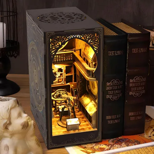 Vista 2 de Kit de rincón de libros de bricolaje 3D rompecabezas de madera para adultos, kit de casa en miniatura de librería, estantería de libro, decoración