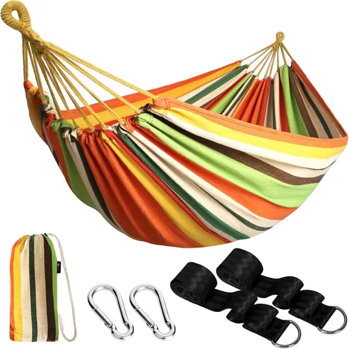 Vista 10 de Anyoo - Hamaca de algodón para jardín, con correas para colgar, hasta 660 libras, hamaca portátil con bolsa de viaje, perfecta para acampar al aire