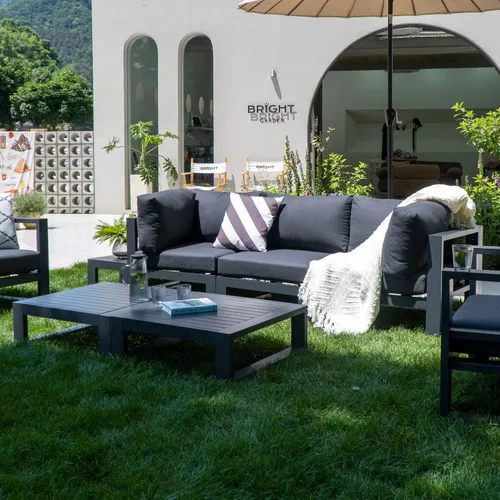 Vista 7 de Moderno sofá modular de 3 plazas para exteriores, juego de sofá de conversación para jardín, patio, cojines gris oscuro
