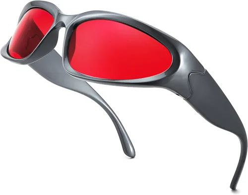 Vista 2 de FEISEDY Gafas de sol futuristas envolventes ovaladas y frescas Y2K con marco grueso, vintage de los años 90 para hombres y mujeres, B2951