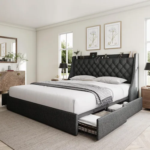 Vista 14 de GalnFu Marco de cama de tamaño completo con 4 cajones de almacenamiento, cabecera tapizada grande tipo wingback, estación de carga rápida,