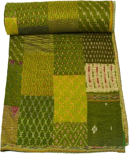 Vista 13 de Marubhumi Colcha india hecha a mano de seda india Sari Kantha acolchado patchwork (negro, individual (60 x 90 pulgadas)