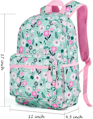 Vista 2 de Choco Mocha Mochila escolar de viaje para niñas de 17 pulgadas, Floral - Verde, Mochilas Daypack