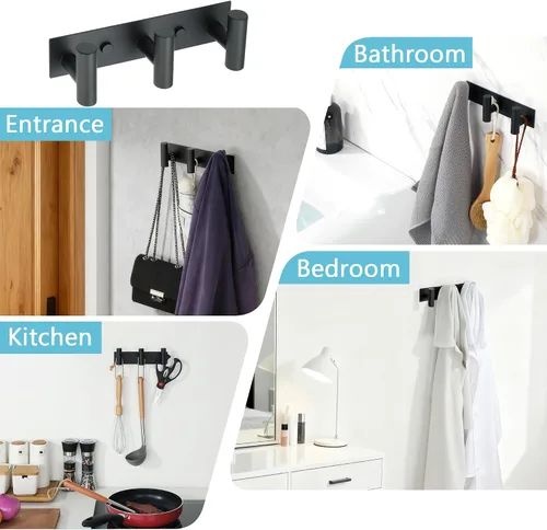 Vista 7 de Alise - Perchero negro para sombreros y abrigos con 3 ganchos para montaje en pared Self Adhesive or Wall Drilling,Wall Hooks for Hanging Robes
