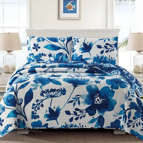 Vista 2 de Virah Bella Juego de ropa de cama tamaño matrimonial/queen, edredón reversible ligero con estampado botánico índigo, con 2 fundas de almohada a