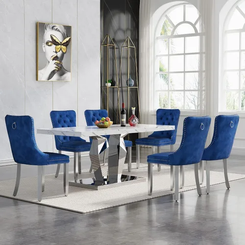 Vista 23 de Juego de 5 mesas de comedor de mármol sintético, juego de mesa de cocina y comedor para 4, mesa de comedor rectangular blanca de 70 pulgadas
