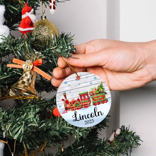 Vista 6 de Adorno de tren de Navidad, adorno de tren personalizado para decoración de árbol de Navidad, adorno personalizado de tren de amor para niños