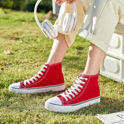 Vista 6 de Tenis de lona de caña alta con cordones para mujer, estilo informal, ideales para caminar