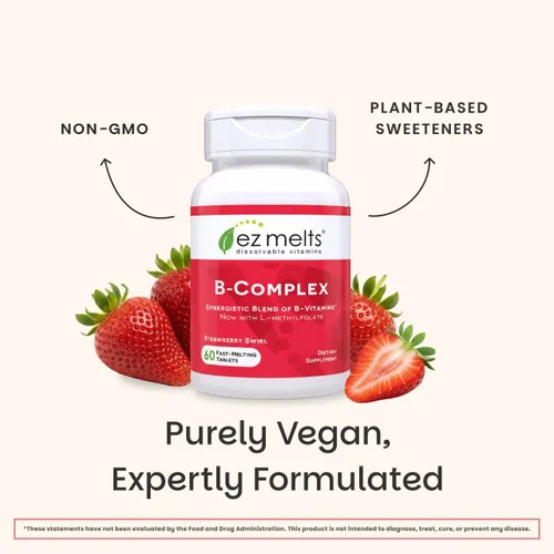 Vista 6 de EZ Melts Complejo B disoluble – Complejo de vitamina B – Proporciona metabolismo energético y apoyo a la salud del corazón – con B12 metilado