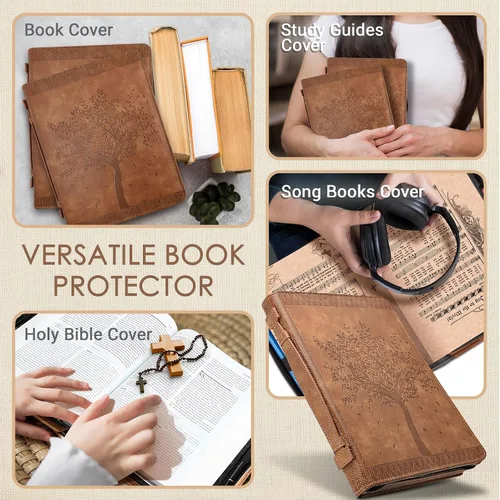 Vista 4 de Funda para Biblia con diseño de árbol de la vida grabado, funda protectora de piel sintética auténtica con asa, cremallera, bolsillos y ranuras
