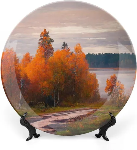 Vista 11 de Platos decorativos de pintura de paisaje de árboles de montaña otoñal, platos decorativos para decoración del hogar, platos de cena de temporada