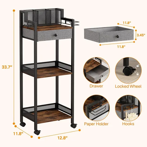 Vista 3 de Organizadores de almacenamiento de baño con cajón, unidad rodante de pie de metal de 3 niveles con soporte para papel higiénico, estante