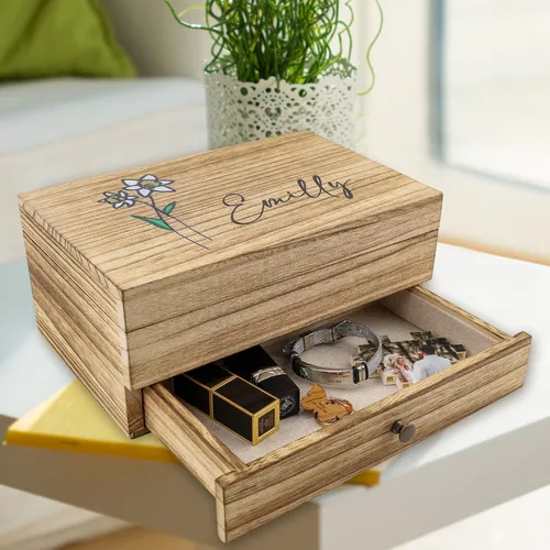 Vista 5 de Cajas de viaje de joyería personalizadas con nombre y flor de nacimiento, caja de joyería de terciopelo y madera para mujeres y niñas, caja